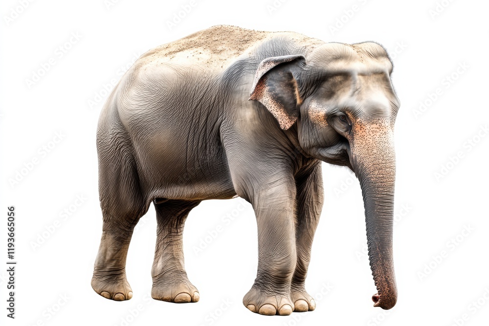 Fototapeta premium Realistic illustration of a majestic elephant walking gracefully on a white background in a serene environment. Generative AI