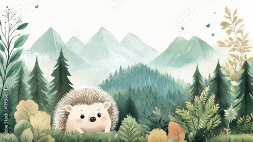 Cute hedgehog resting mountain forest landscape illustration photo