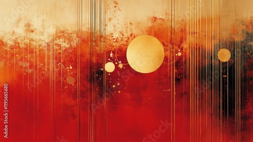 Abstract cosmic landscape featuring orange and red hues with golden circles and vertical lines