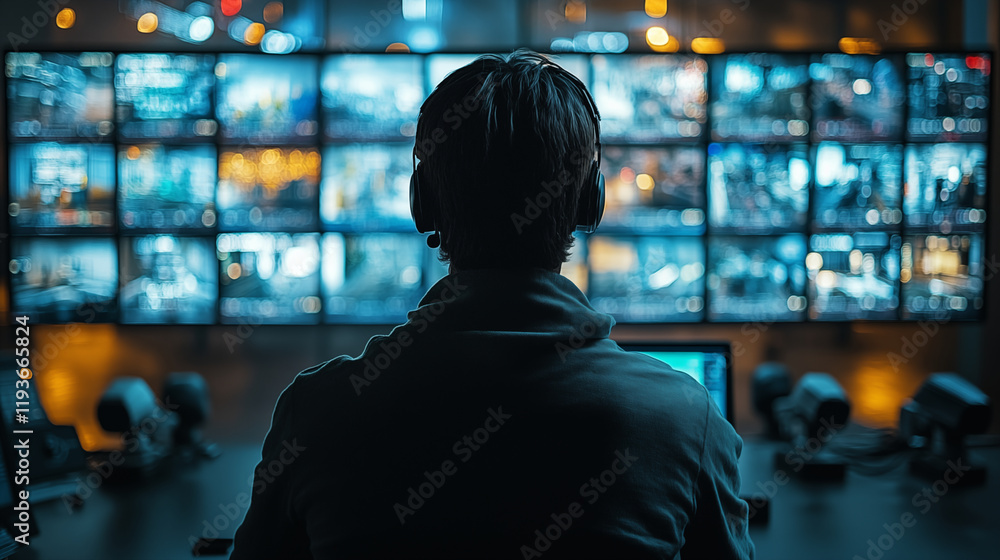 Security operator monitoring multiple screens in dark room, cybersecurity surveillance concept Security operator monitoring multiple screens in dark room, cybersecurity surveillance concept