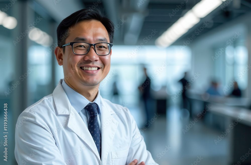 Portrait of a happy Asian male doctor wearing glasses on a blurred blue background. Portrait of a male scientist in a white uniform. Portrait of an ophthalmologist. Portrait of a happy Asian male doctor wearing glasses on a blurred blue background. Portrait of a male scientist in a white uniform. Portrait of an ophthalmologist.