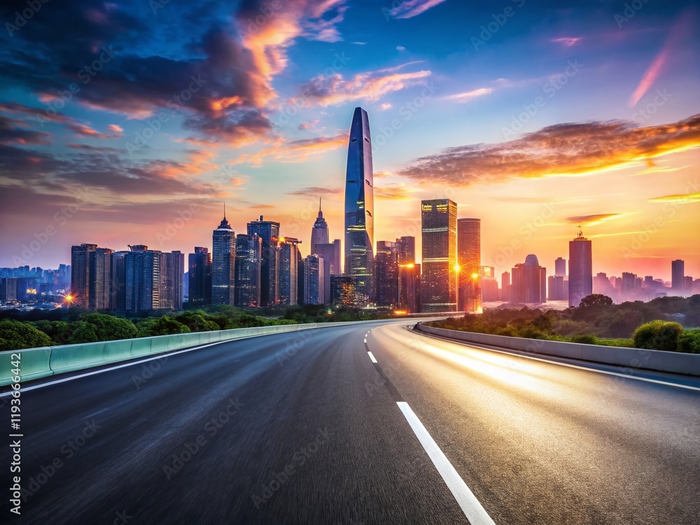 Panoramic Shenzhen Highway: Empty Cityscape Skyline at Dusk Panoramic Shenzhen Highway: Empty Cityscape Skyline at Dusk
