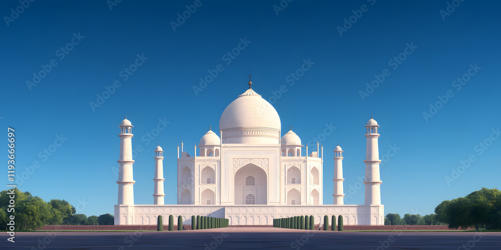 Obraz premium Majestic white marble mausoleum under a clear blue sky. A symbol of love and architectural marvel.