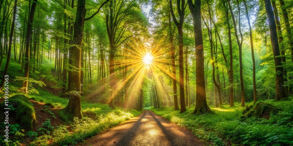 Panoramic Sunlight Dappled Forest Path - Lush Green Canopy Panoramic Sunlight Dappled Forest Path - Lush Green Canopy