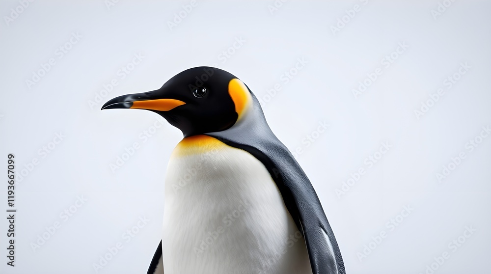 Naklejka premium A vibrant, architectural color photograph of a King Penguin standing on a white background. The penguin features a black head, black beak with an orange tip, yellow and orange neck stripe, black flipp