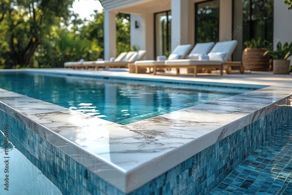 white marble tile table top elegantly showcased against a blurred outdoor pool and lounge chairs perfect for product display or elegant summertime gatherings white marble tile table top elegantly showcased against a blurred outdoor pool and lounge chairs perfect for product display or elegant summertime gatherings
