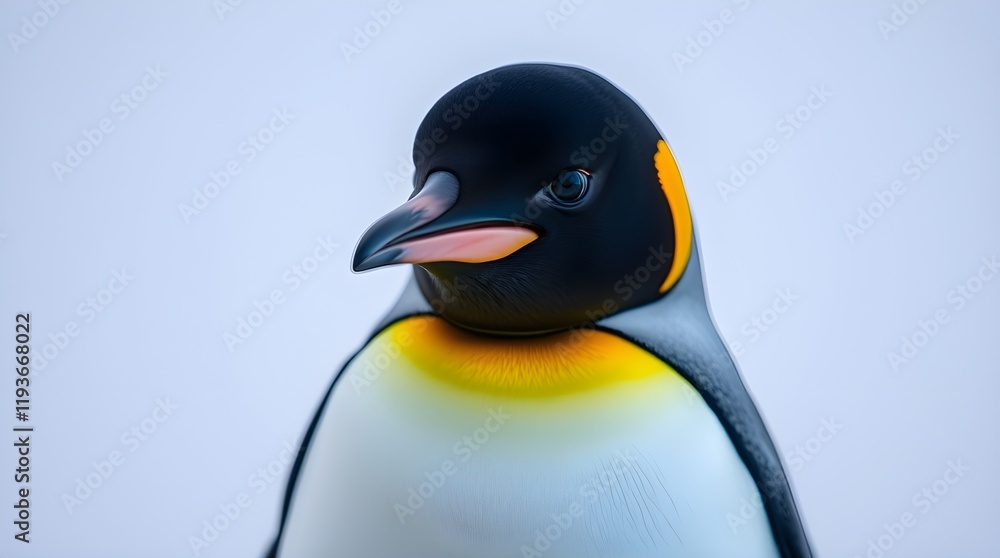 Naklejka premium A vibrant, architectural color photograph of a King Penguin standing on a white background. The penguin features a black head, black beak with an orange tip, yellow and orange neck stripe, black flipp