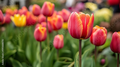 Vibrant Red and Yellow Tulips in Spring Garden