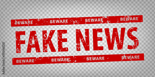 Fake news stamp design on transparent background.  Grunge rubber stamp with word Fake news and Beware in red.  Vector illustration EPS10.