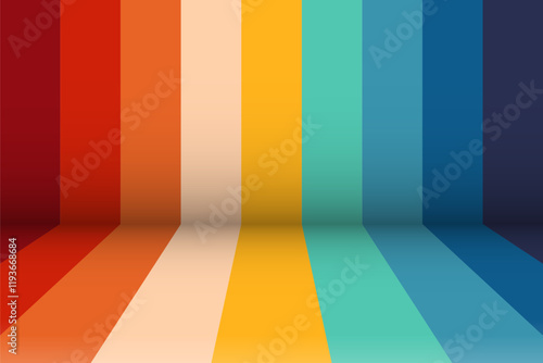 Simple abstract perspective 1970s rainbow multicolors line the scene background. Futuristic retro-style perspective room, or stage concept with colorful vertical lines. Vector illustration