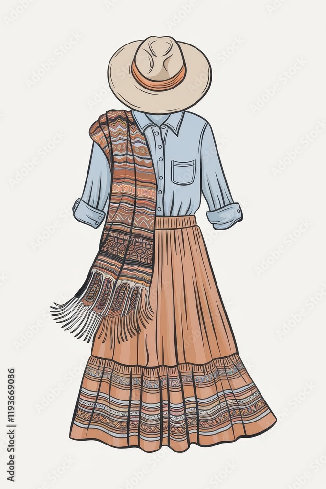 Obraz premium Fashion Illustration Featuring a Long Skirt and Woven Shawl