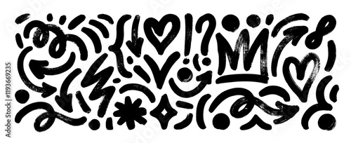 Punk and graffiti style geometric vector elements, funky doodle shapes, arrows and hearts. Primitive geometric forms set with texture.