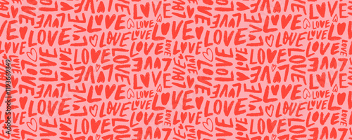 Crayon drawn love phrases seamless pattern. Hand drawn romantic typographic background.