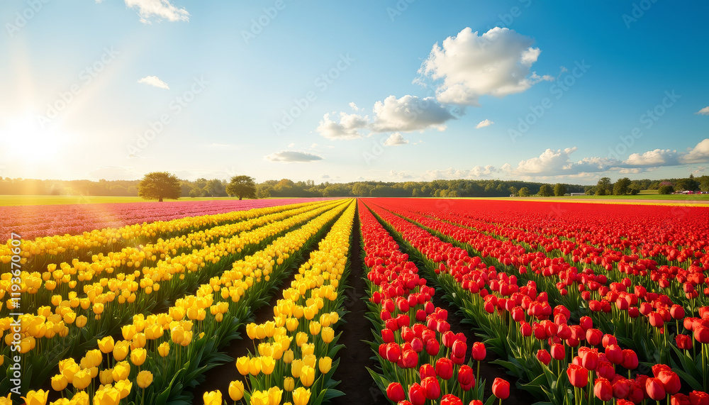 Vibrant tulip fields blooming in spring sunshine, nature's beauty Vibrant tulip fields blooming in spring sunshine, nature's beauty
