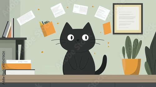 Cute black cat sitting on a desk amidst office supplies and papers.