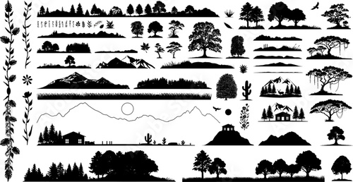 Set Vektor Silhouetten - Bäume Pflanzen Berge Gebirge und Gletscher - Design Elemente - Gebirgszüge, Hügel und Wälder	