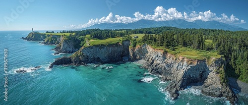 An expansive aerial view of the captivating Rocky Pacific Ocean coastline in southern Vancouver Island on a sunny summer day. Shot between Victoria and Port Renfrew, BC, Canada photo