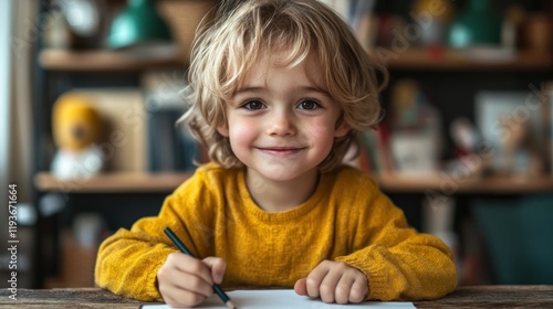 Young child with curly hair in a yellow sweater drawing on paper at a cozy desk with toys in the background
