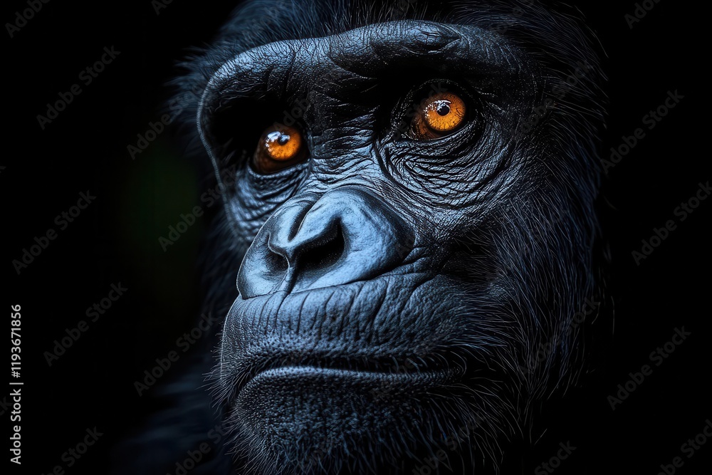 eerie depiction of an unsettling ape head obscured by shadows with striking details highlighting its fierce expression against a pitchblack background evoking a sense of intrigue and fear eerie depiction of an unsettling ape head obscured by shadows with striking details highlighting its fierce expression against a pitchblack background evoking a sense of intrigue and fear
