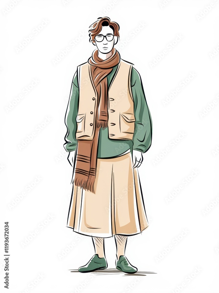 Stylish Young Man Wearing a Vest Skirt and Scarf Stylish Young Man Wearing a Vest Skirt and Scarf