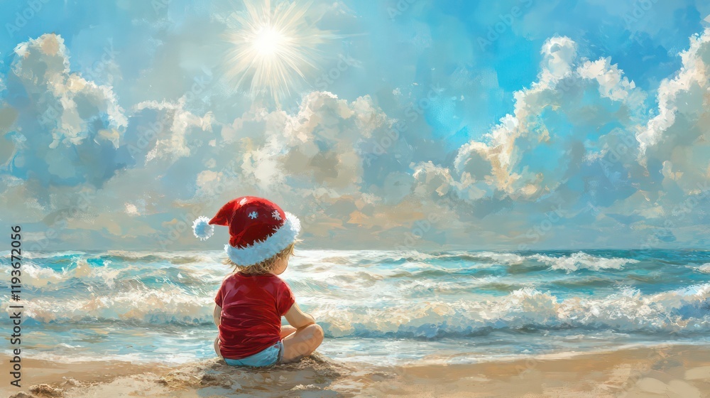 A toddler in a festive Santa hat sits on the beach, gazing at the shimmering waves under a bright sun. This whimsical scene combines holiday cheer with summer fun, promoting family-friend vacations A toddler in a festive Santa hat sits on the beach, gazing at the shimmering waves under a bright sun. This whimsical scene combines holiday cheer with summer fun, promoting family-friend vacations