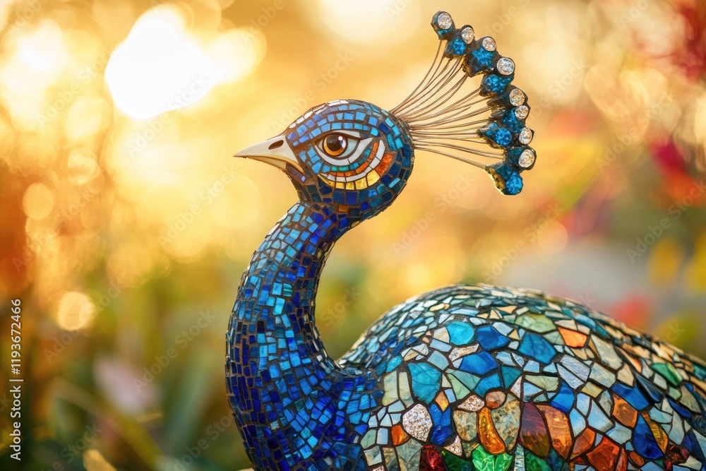 Obraz premium A vibrant mosaic peacock statue, detailed and colorful, basks in the warm golden sunlight.