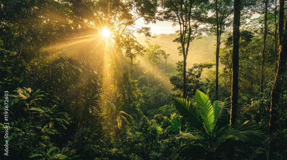 Obraz premium Sunbeams pierce through lush rainforest canopy at sunrise.