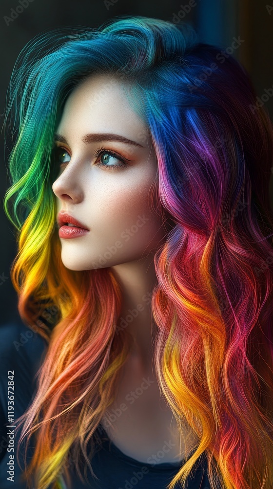 Portrait of a young woman with striking rainbow-colored hair, showcasing bold and contemporary fashion trends. Portrait of a young woman with striking rainbow-colored hair, showcasing bold and contemporary fashion trends.