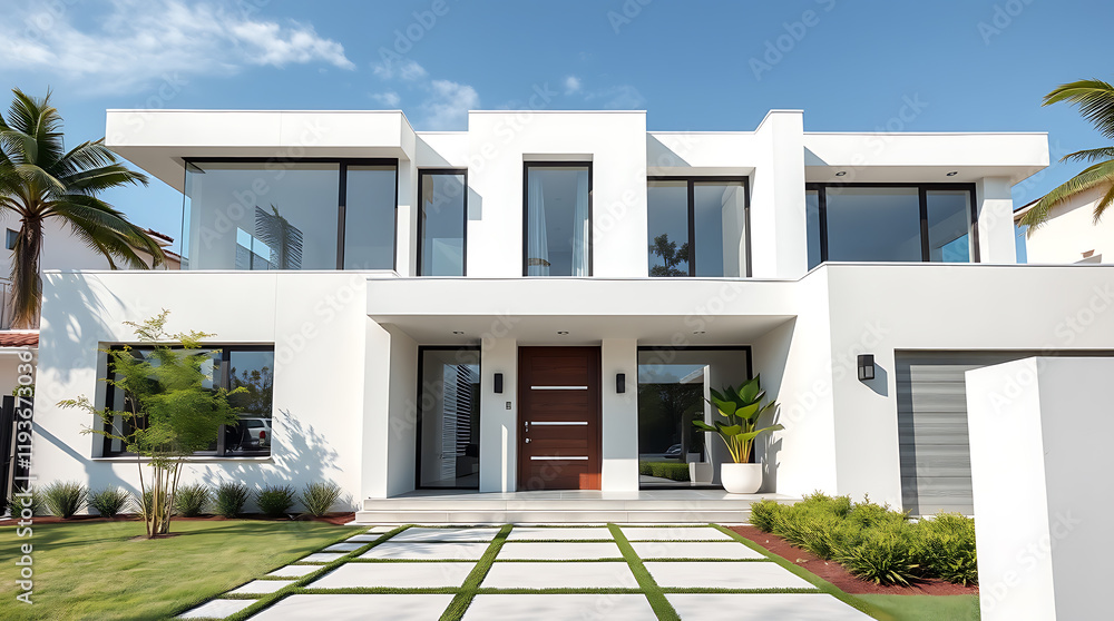 Fototapeta premium Luxury Modern House Exterior: White Facade, Minimalist Design, and Landscaped Garden