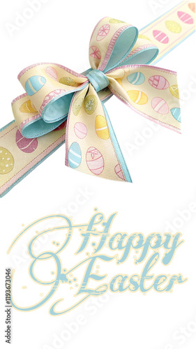 A festive Easter ribbon bow with pastel-colored egg patterns, paired with elegant Happy Easter text in decorative script, set on a clean white background. Perfect for Easter-themed greetings or decora