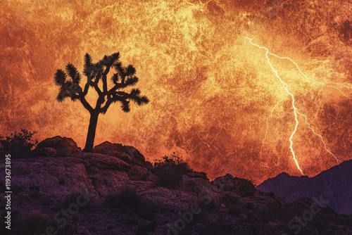 Silhouetted Joshua tree stands resilient against a fiery, lightning-struck desert sky. photo