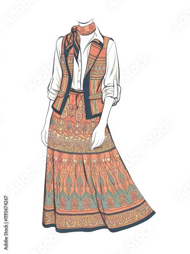 Fashion Illustration Featuring a  Floral Print Skirt and Vest Ensemble photo