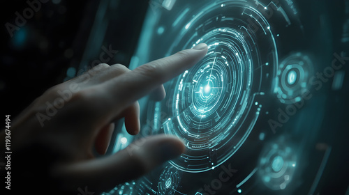A human finger gently pressing a robotic finger activating glowing interface symbols.