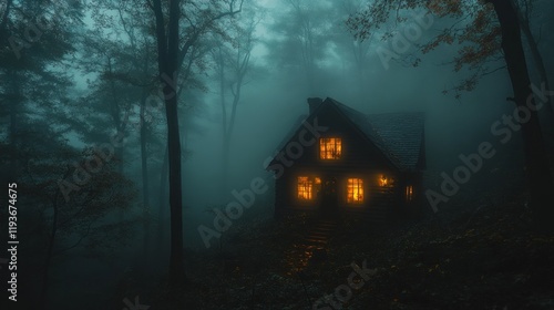 Mysterious house glowing in the foggy forest at dusk, evoking a sense of intrigue and solitude