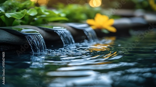 Serene water features with cascading streams and vibrant flowers in a tranquil garden setting