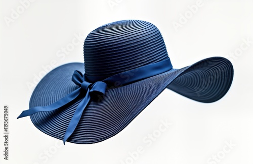 Stylish vintage blue Panama hat isolated on white background. Elegant summer accessory. Beautiful hat with ribbon. Perfect for fashion magazines websites. Stylish design. Ideal for summer beach