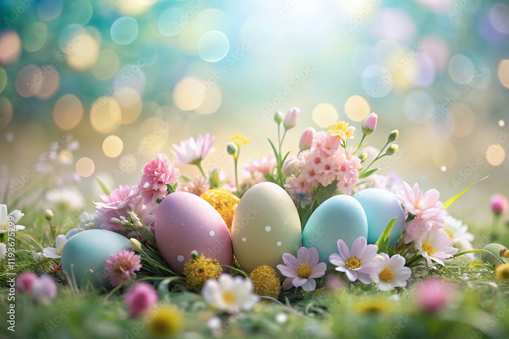 Pastel Easter Eggs & Spring Flowers: Soft Focus Background with Copy Space Pastel Easter Eggs & Spring Flowers: Soft Focus Background with Copy Space