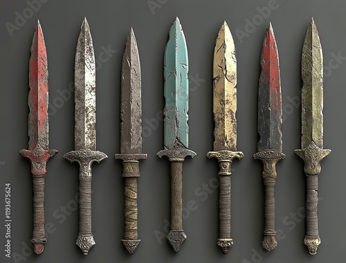 A collection of game props, including long daggers with worn edges and various colors, a 3D model, game design elements, a simple background photo