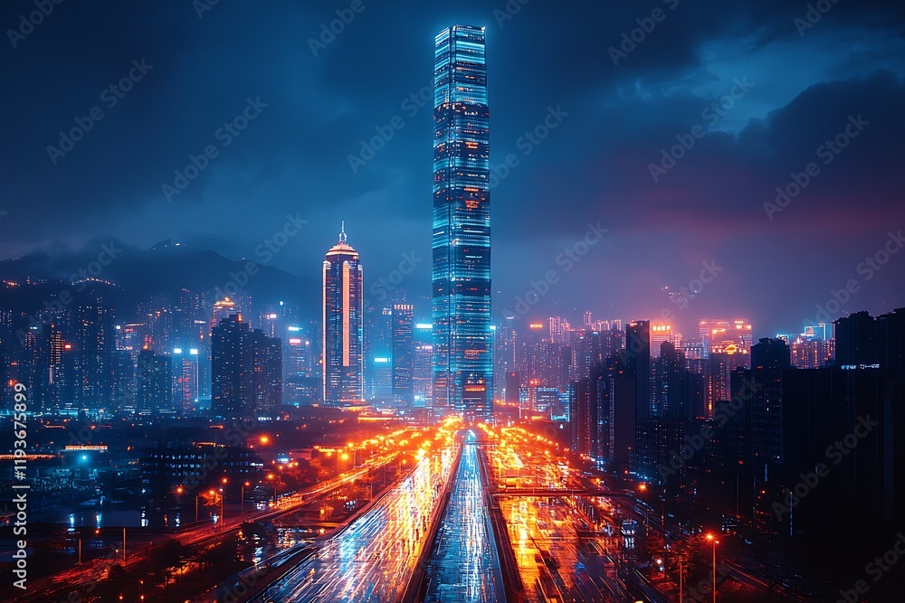 Fototapeta premium Futuristic City Nightscape with Illuminated Skyscraper