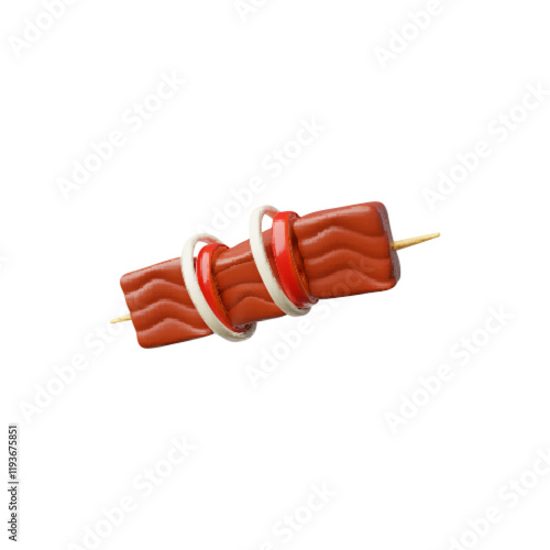 Kebab, shashlik with vegetables on wooden skewer 3D plastic style vector icon, fast food barbeque and BBQ fillet roasted