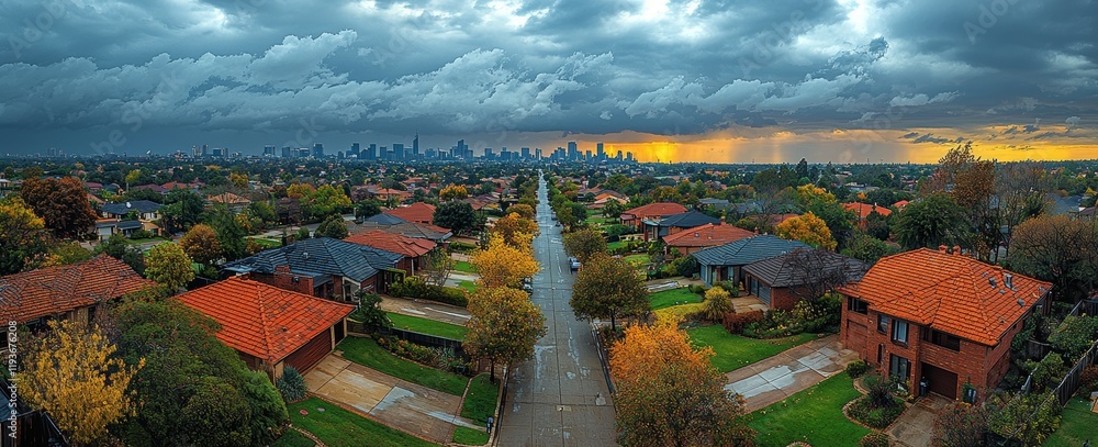 Fototapeta premium A cloud-covered autumn day provides a 180-degree aerial perspective of Preston, Victoria, with the city of Melbourne faintly visible in the distance
