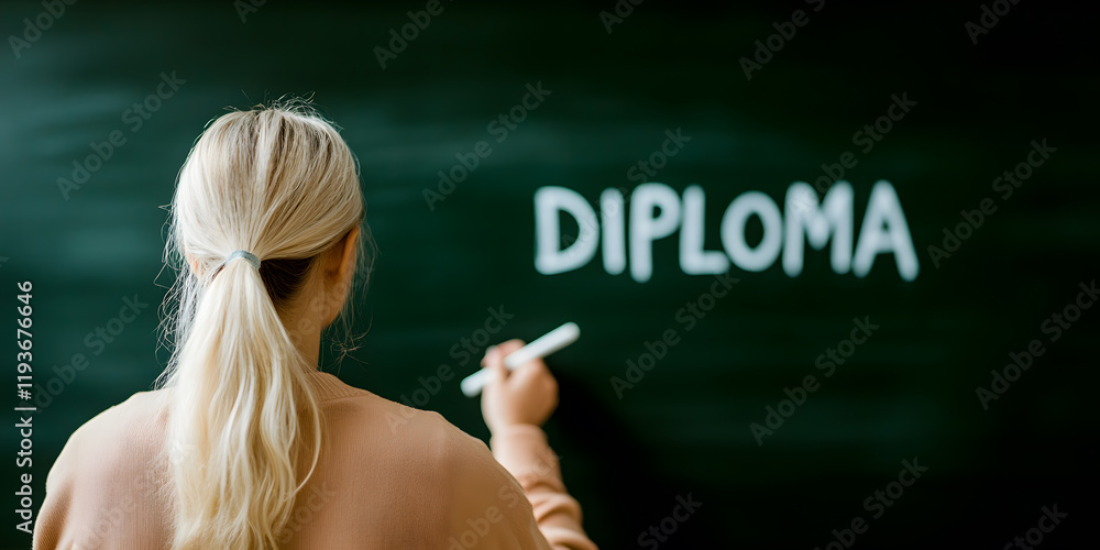 Woman writing 'Diploma' on a blackboard. Education, graduation, achievement concept. Woman writing 'Diploma' on a blackboard. Education, graduation, achievement concept.