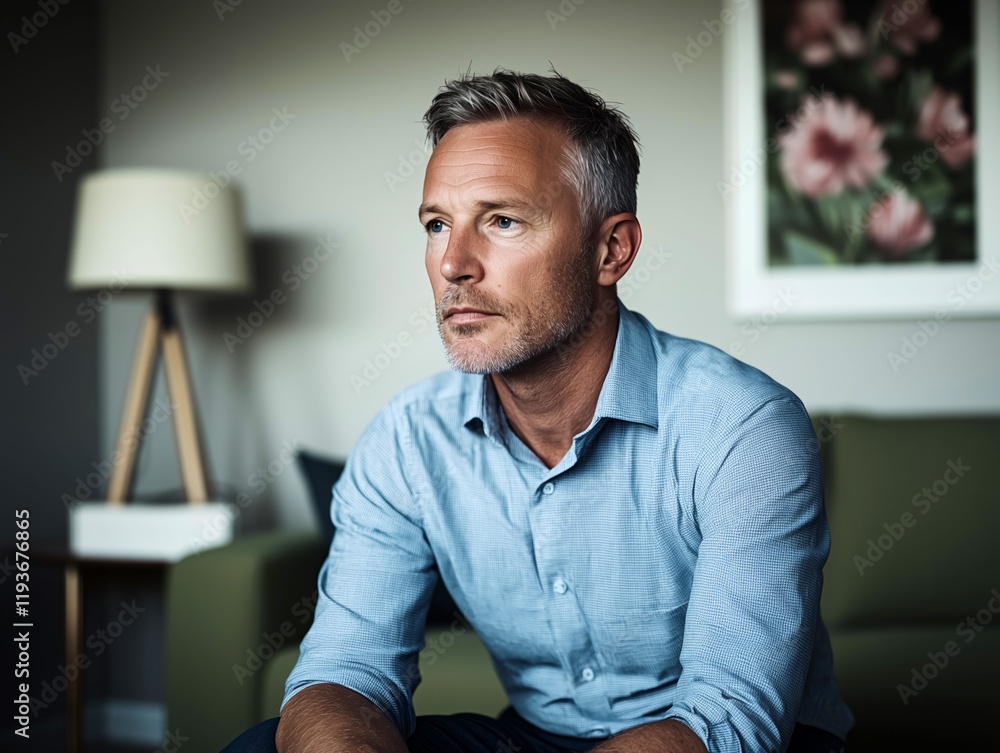 Fototapeta premium Focused middle-aged man sitting in a stylish living room in a calm and reflective moment 