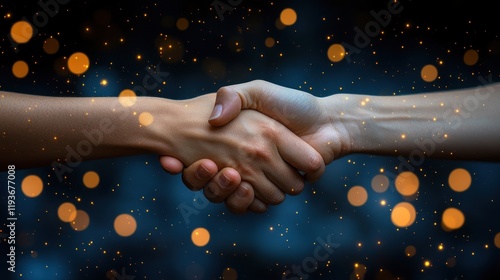 Two hands shaking in a warm, festive atmosphere with bokeh lights in the background, symbolizing unity