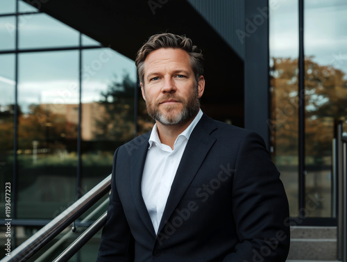 Wallpaper Mural Professional man in a sleek black suit posing confidently in front of modern architecture
 Torontodigital.ca