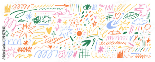 Childish doodle lines and shapes collection drawn with a colored crayon. Hand drawn pencil doodles, squiggles and scribbles for journaling and notes. Childish freehand drawing. Rough crayon strokes.