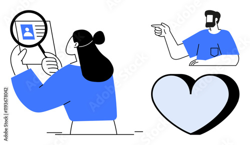 Person examining ID with magnifier, pointing man, heart shape. Ideal for identity verification, guidance, love, relationships, security information analysis orientation. Minimalist abstract line