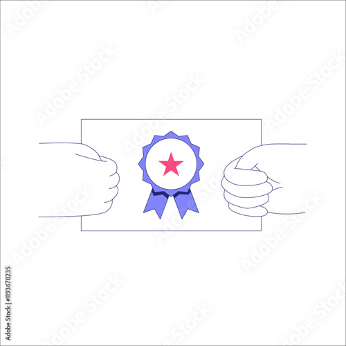 Certificate With Ribbon And Star In Flat Vector Illustration Symbolizing Achievement, Success, And Recognition, Isolated On White Background.