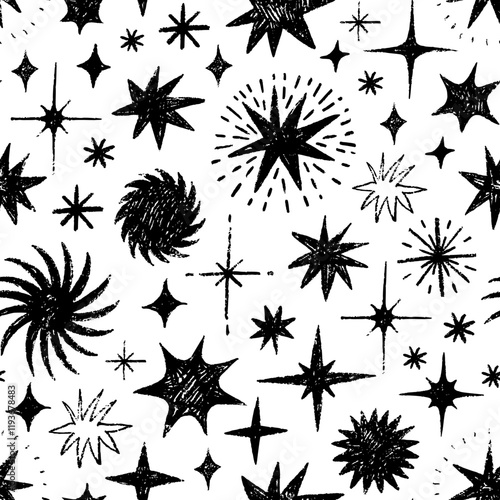 Crayon drawn stars seamless pattern. Hand drawn sparkles and doodle magic stars wallpaper. Night sky motif seamless banner background. Childish doodle style pattern with night sky elements.