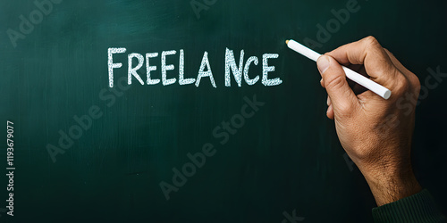 Freelance work written on a chalkboard.  A hand writes the word freelance with chalk. photo